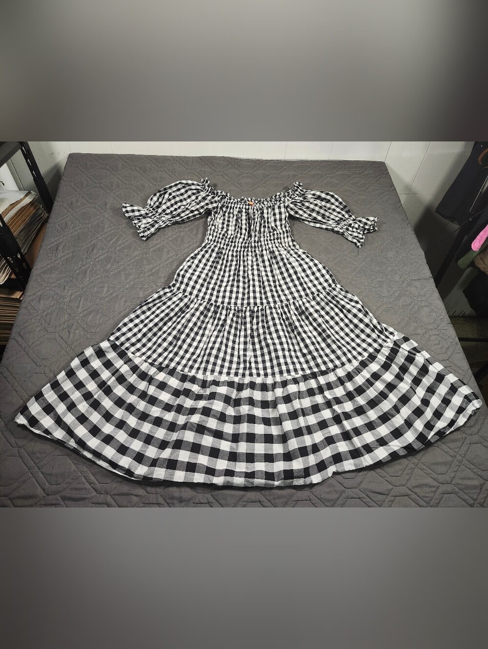 Kitri Gingham Off-Shoulder Puff Sleeve Tiered Midi Dress Black White Size US 4
